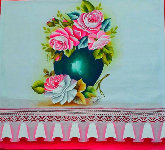 Pano de Copa ou Prato Pintado à Mão - Vaso e Rosas