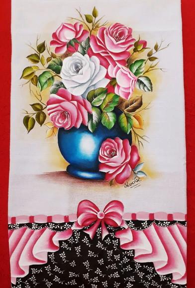 Pano de Copa ou Prato Pintado à Mão - Vaso Azul com Rosas