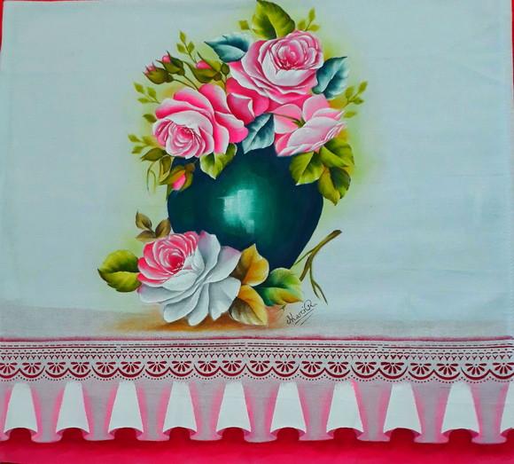 Pano de Copa ou Prato Pintado à Mão - Vaso e Rosas