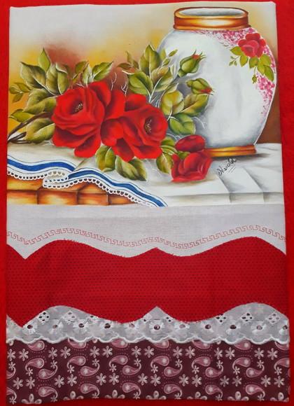 Pano de Copa ou Prato Pintado à Mão - Vaso e Rosas Vermelhas