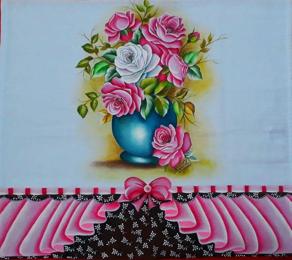 Pano de Copa ou Prato Pintado à Mão - Vaso e Rosas