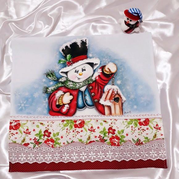 Pano de Copa ou Prato Pintado à Mão - Boneco de Neve