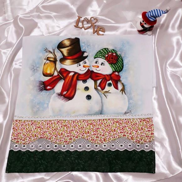 Pano de Copa ou Prato Pintado à Mão - Casal Boneco de Neve