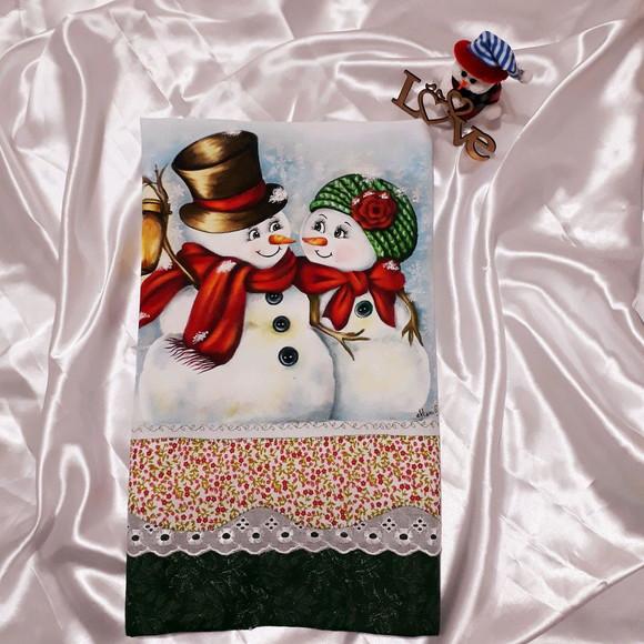 Pano de Copa ou Prato Pintado à Mão - Casal Boneco de Neve