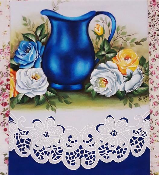 Pano de Copa ou Prato Pintado à Mão-Jarra Azul e Rrosas