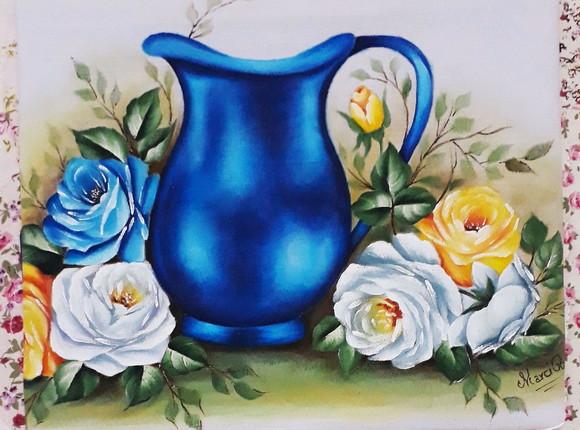 Pano de Copa ou Prato Pintado à Mão-Jarra Azul e Rrosas