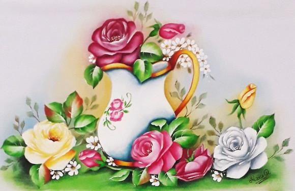 Pano de Copa ou Prato Pintado à Mão - Jarra Branca com Rosas
