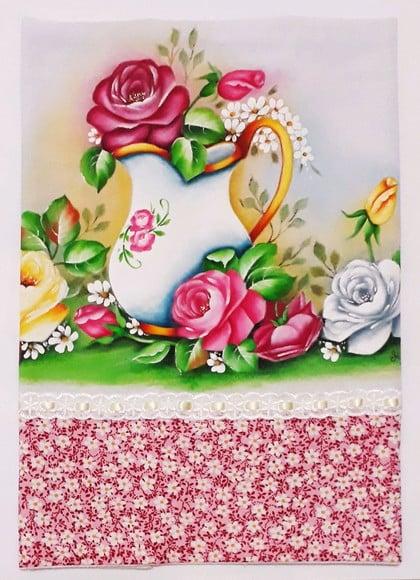 Pano de Copa ou Prato Pintado à Mão - Jarra Branca com Rosas