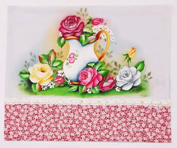 Pano de Copa ou Prato Pintado à Mão - Jarra Branca com Rosas