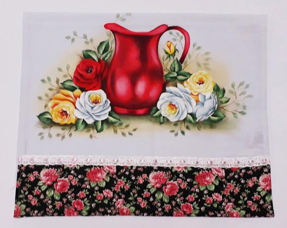 Pano de Copa ou Prato Pintado à Mão - Jarra Vermelha e Rosas