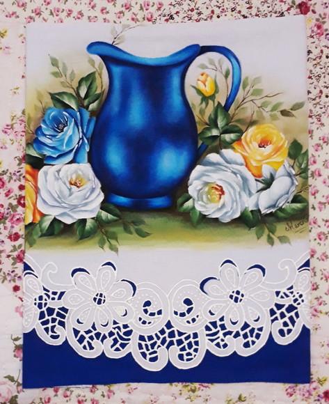 Pano de Copa ou Prato Pintado à Mão-Jarra Azul e Rrosas