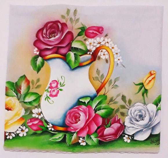 Pano de Copa ou Prato Pintado à Mão - Jarra Branca com Rosas
