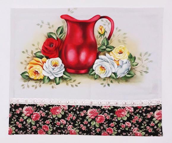 Pano de Copa ou Prato Pintado à Mão - Jarra Vermelha e Rosas