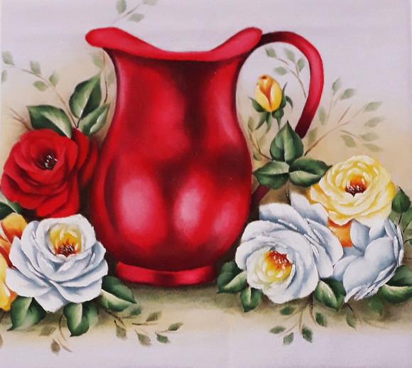 Pano de Copa ou Prato Pintado à Mão - Jarra Vermelha e Rosas