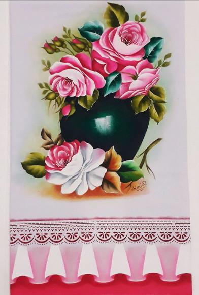 Pano de copa ou Prato Pintado à Mão - Vaso com Rosas