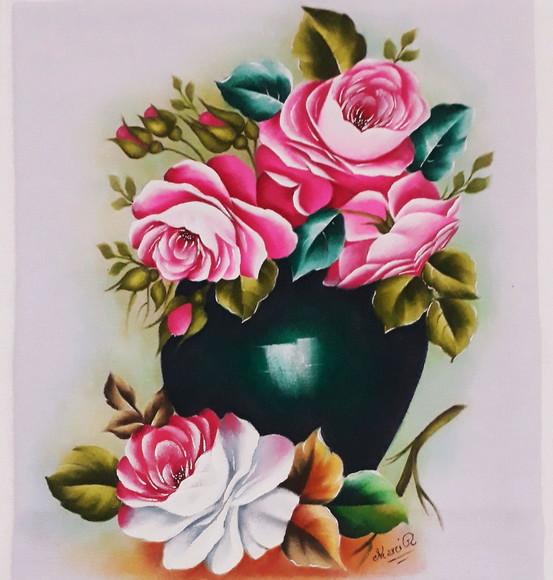 Pano de copa ou Prato Pintado à Mão - Vaso com Rosas
