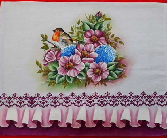 Pano de Copa Pintado à Mão - Rosas Silvestres e Hortências