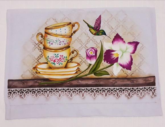 Pano de Copa ou Prato Pintado à Mão - Xícaras e Orquídea