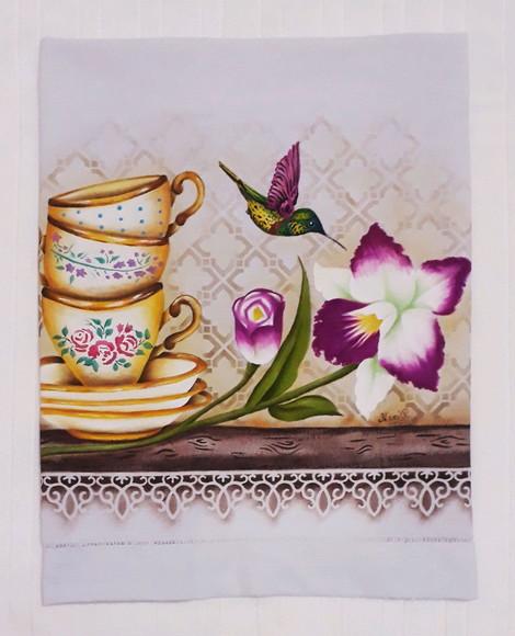 Pano de Copa ou Prato Pintado à Mão - Xícaras e Orquídea