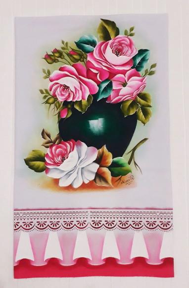 Pano de copa ou Prato Pintado à Mão - Vaso com Rosas