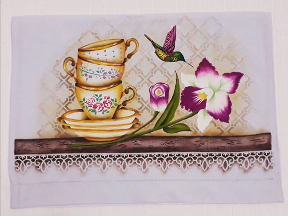 Pano de Copa ou Prato Pintado à Mão - Xícaras e Orquídea