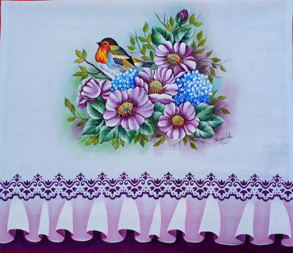 Pano de Copa Pintado à Mão - Rosas Silvestres e Hortências