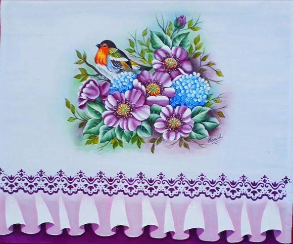 Pano de Copa Pintado à Mão - Rosas Silvestres e Hortências