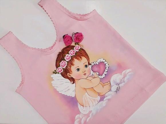Camiseta infantil pintada à mão - anjinho