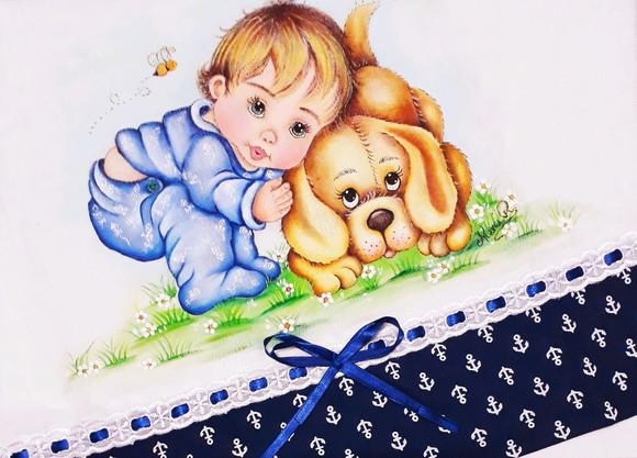 Fralda de passeio pintada à mão - menino com cachorrinho