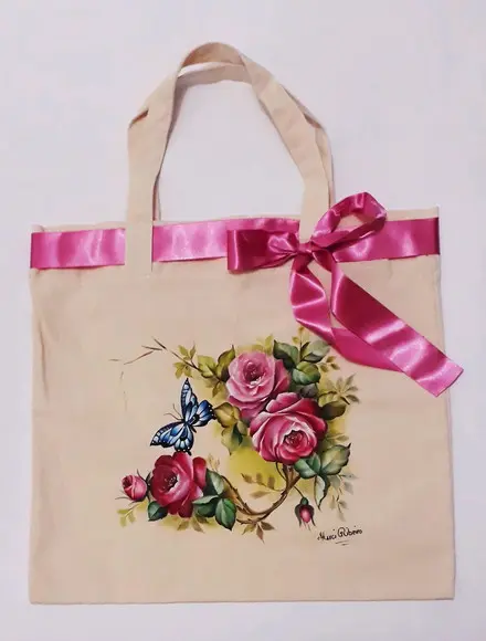 Bolsa Ecobag Pintada à Mão - Rosas Pink e Borboletas