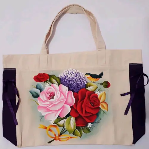 Bolsa Ecobag Pintada à Mão - Rosas Hortênsias e Pássaro