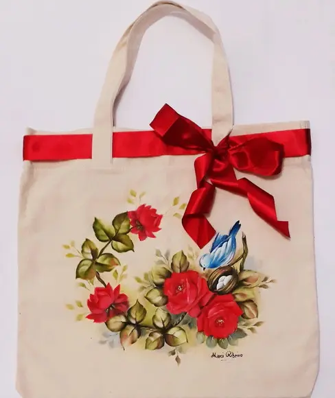Bolsa Ecobag Pintada à Mão - Rosas Vermelhas e Pássaro
