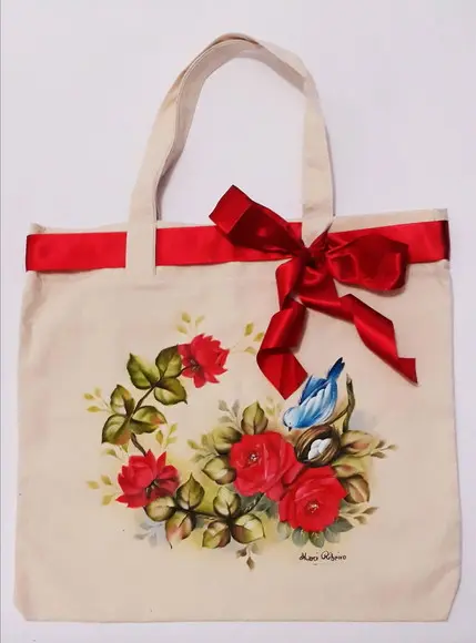 Bolsa Ecobag Pintada à Mão - Rosas Vermelhas e Pássaro