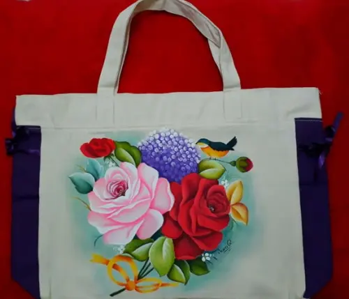 Bolsa Ecobag Pintada à Mão - Rosas Hortênsias e Pássaro
