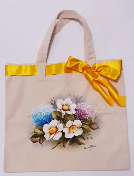 Bolsa Ecobag Pintada à Mão - Rosas Silvestre e Hortênsias
