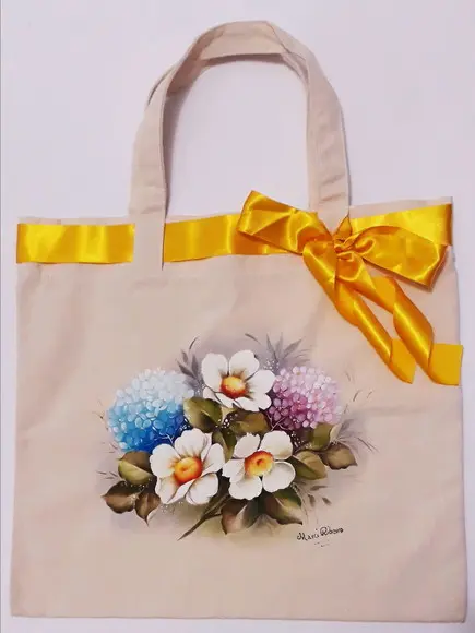 Bolsa Ecobag Pintada à Mão - Rosas Silvestre e Hortênsias