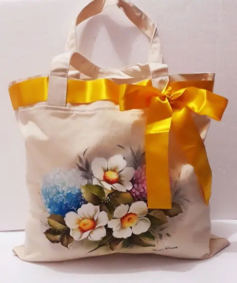 Bolsa Ecobag Pintada à Mão - Rosas Silvestre e Hortênsias