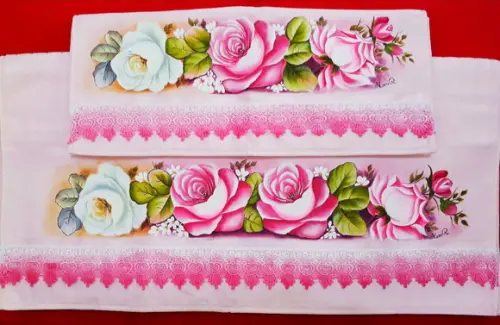 Jogo de Toalha de Banho e Rosto Pintada à Mão - Rosas