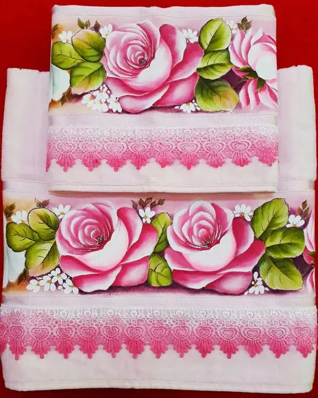 Jogo de Toalha de Banho e Rosto Pintada à Mão - Rosas