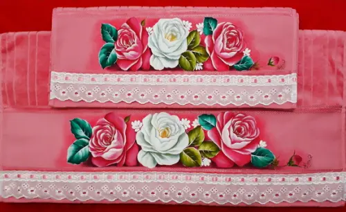 Jogo de Toalha de Banho e Rosto Pintada à Mão - Rosas