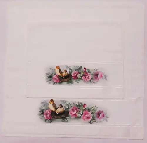Jogo de Toalha de Banho e Rosto Pintada à Mão - Rosa e Pássaro