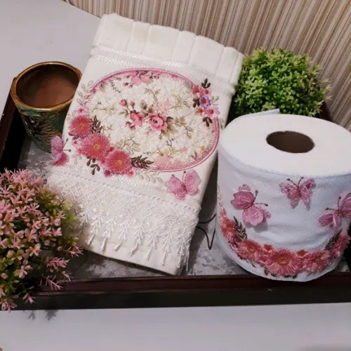 Kit Toalha de Lavabo e Porta Papel Higiênico Bordado