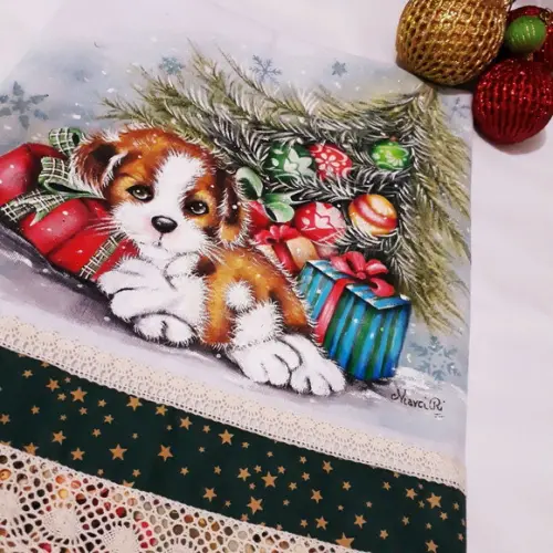 Pano de Copa ou Prato com Pintura à Mão - Cachorrinho e Present