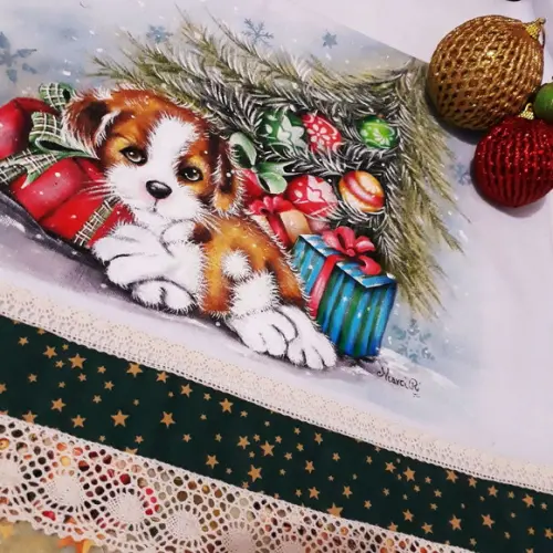 Pano de Copa ou Prato com Pintura à Mão - Cachorrinho e Present