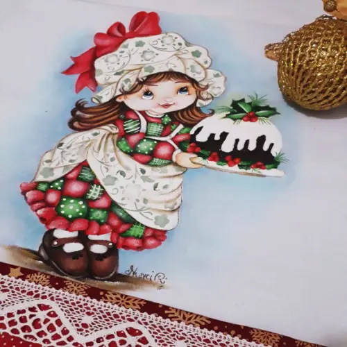 Pano de Copa ou Prato com Pintura à Mão - Menina com Bolo