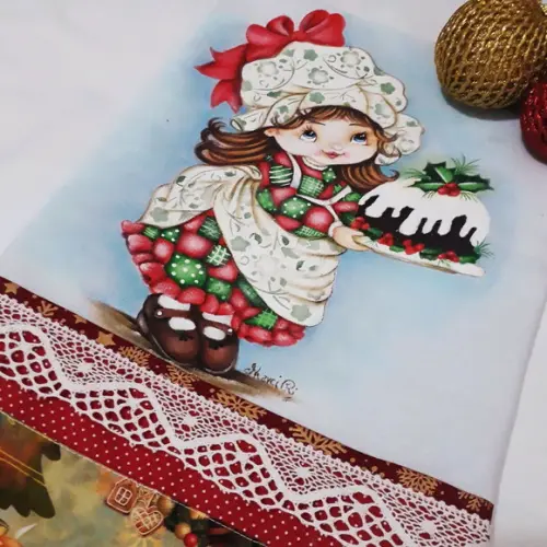 Pano de Copa ou Prato com Pintura à Mão - Menina com Bolo