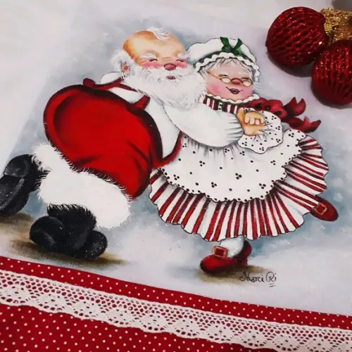Pano de Copa ou Prato com Pintura à Mão - Papai e Mamãe Noel