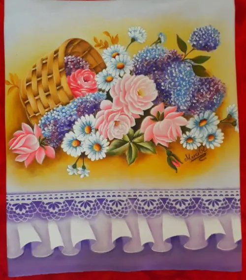 Pano de Copa ou Prato Pintado à Mão - Cesta com Flores
