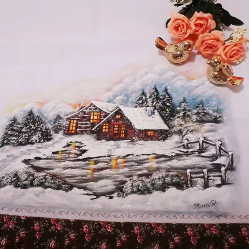 Pano de Copa ou Prato Pintado à Mão - Casinhas na Neve