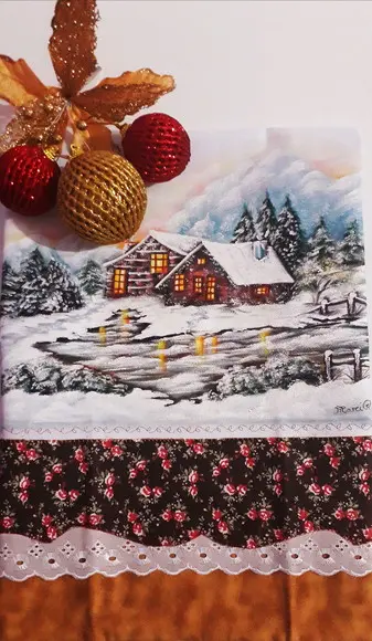 Pano de Copa ou Prato Pintado à Mão - Casinhas na Neve
